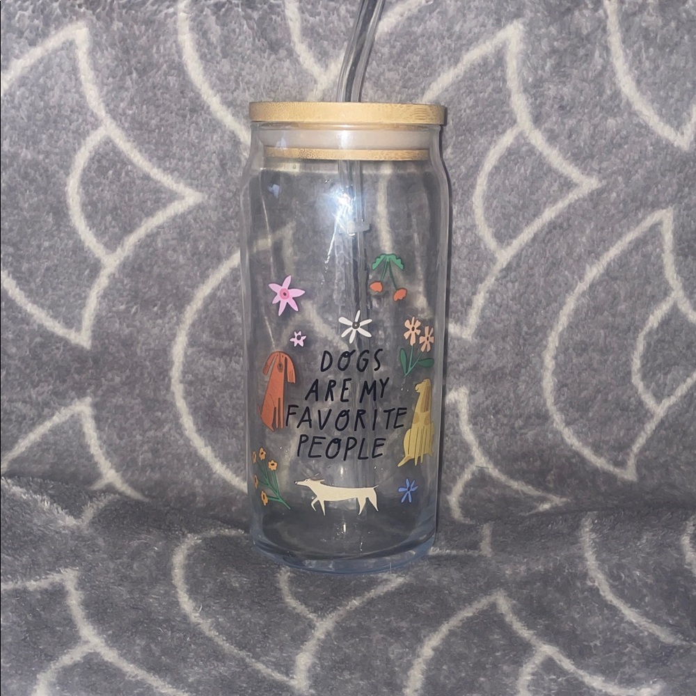Glass Tumbler with Straw and Dog Design